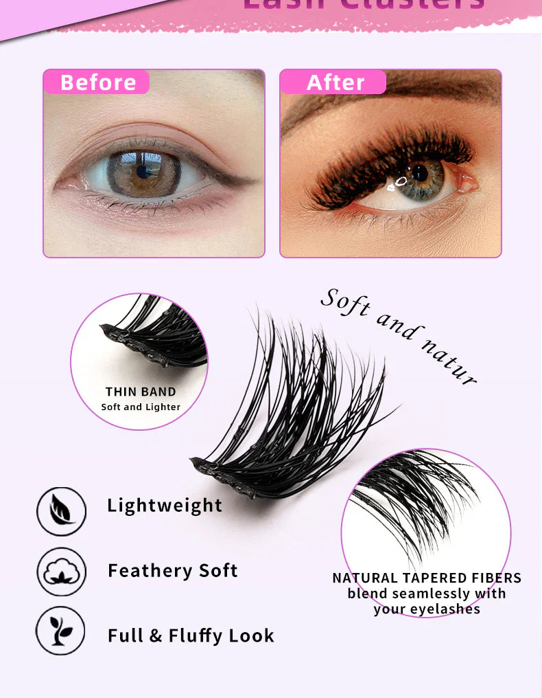 DIY Lash Clusters Individual Eyeslash Extensions D Curl 280PCS Natural Eyelash Clusters Soft Band Wispy Volume Eyelash Extension for Beginners DIY at Home