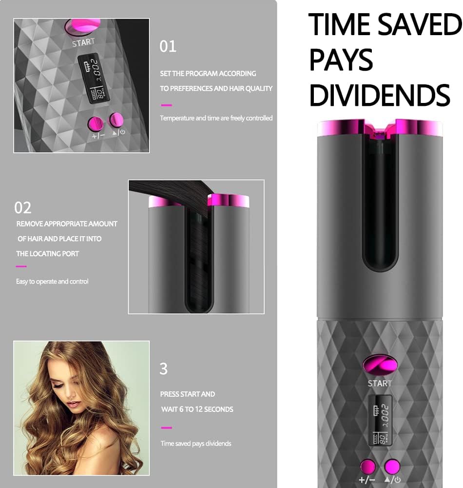 Hair Curler LCD Cordless Auto Rotating Waver Curling Iron Ceramic Wireless USA