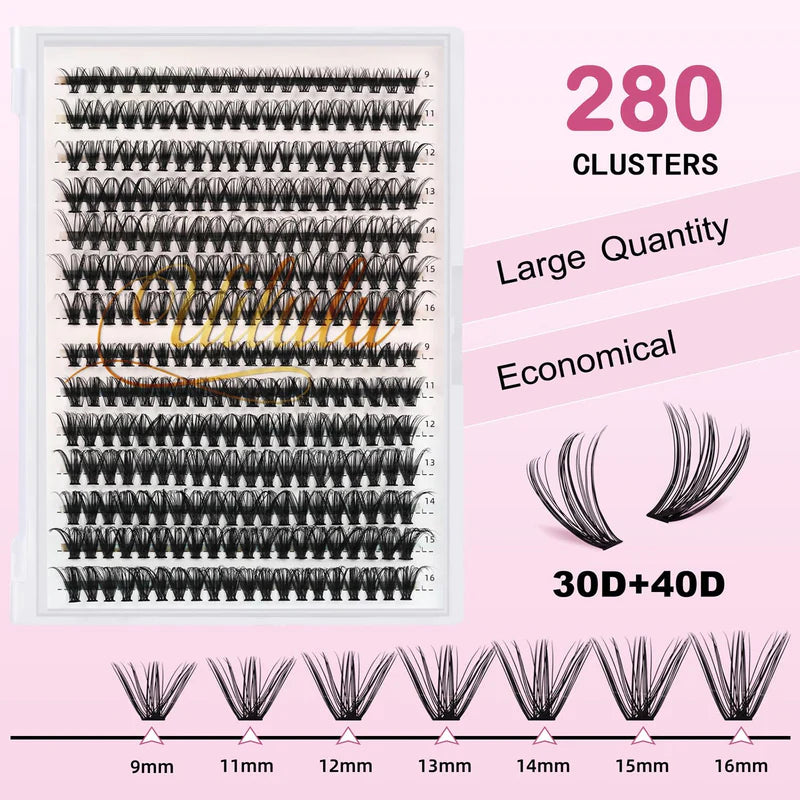 DIY Lash Clusters Individual Eyeslash Extensions D Curl 280PCS Natural Eyelash Clusters Soft Band Wispy Volume Eyelash Extension for Beginners DIY at Home