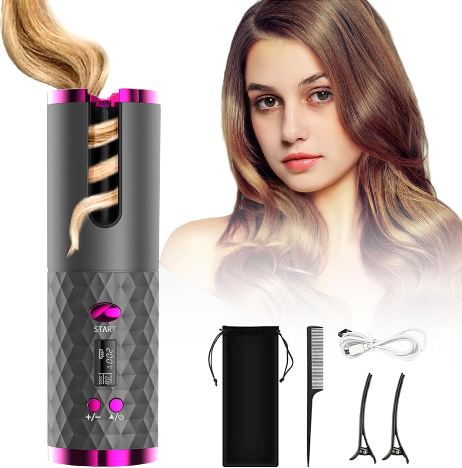 Hair Curler LCD Cordless Auto Rotating Waver Curling Iron Ceramic Wireless USA